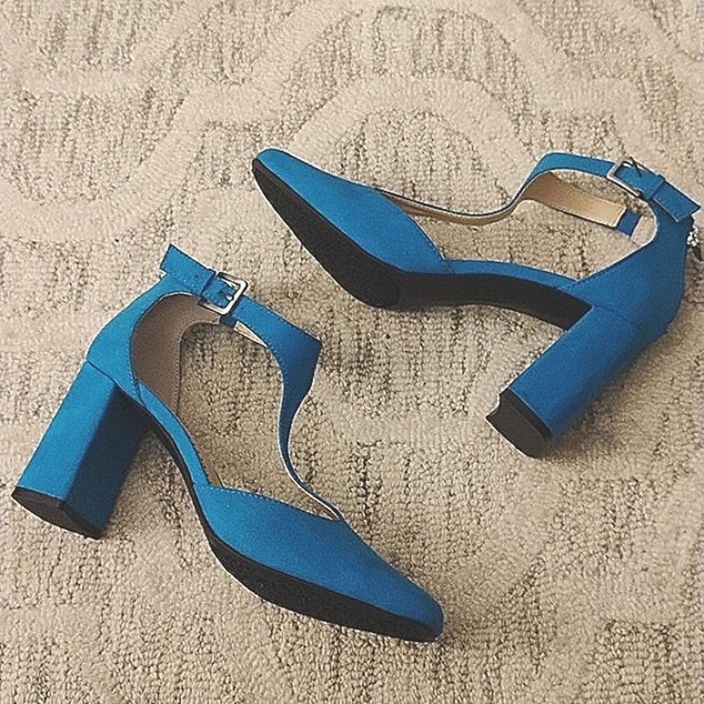 Adrienne Vittadini Blue Poetic Ankle Strap Block Heel